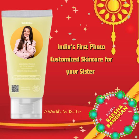 Blozzom Rakshabandhan Gift Box with Face Wash, Shampoo & Anti Acne Gel For Her With Custom Image