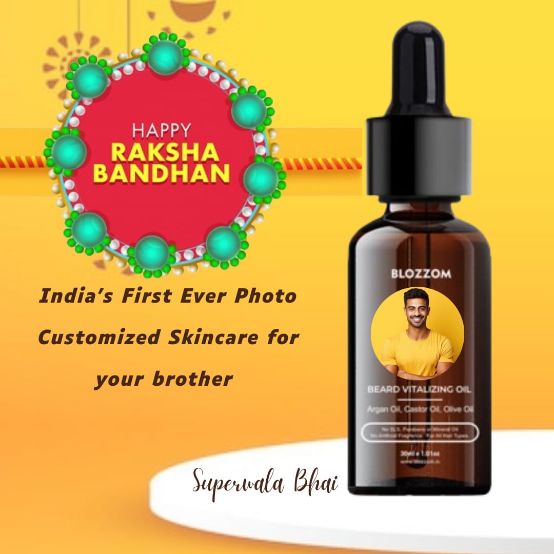 Blozzom Rakshabandhan Gift Box with Face Wash, Beard Oil & Shampoo For Him With Custom Image