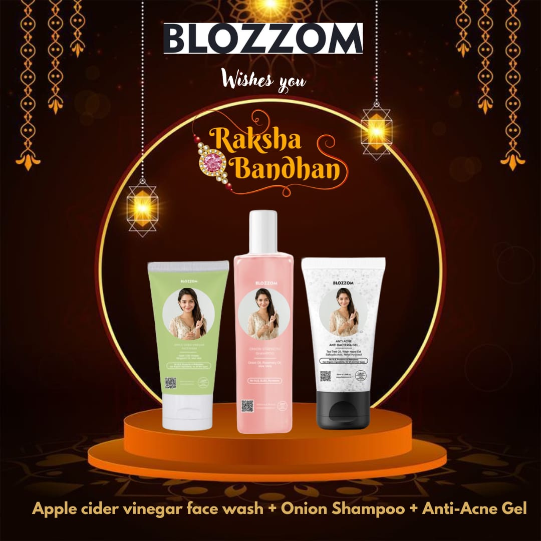 Blozzom Rakshabandhan Gift Box with Face Wash, Shampoo & Anti Acne Gel For Her With Custom Image